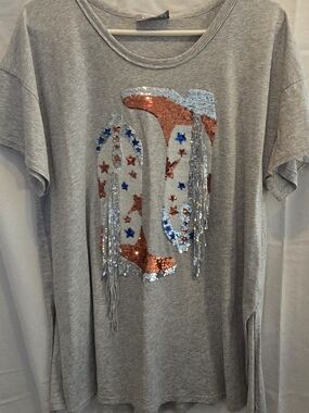 Grey Sequin Cowboy Boot Tee with Fringe